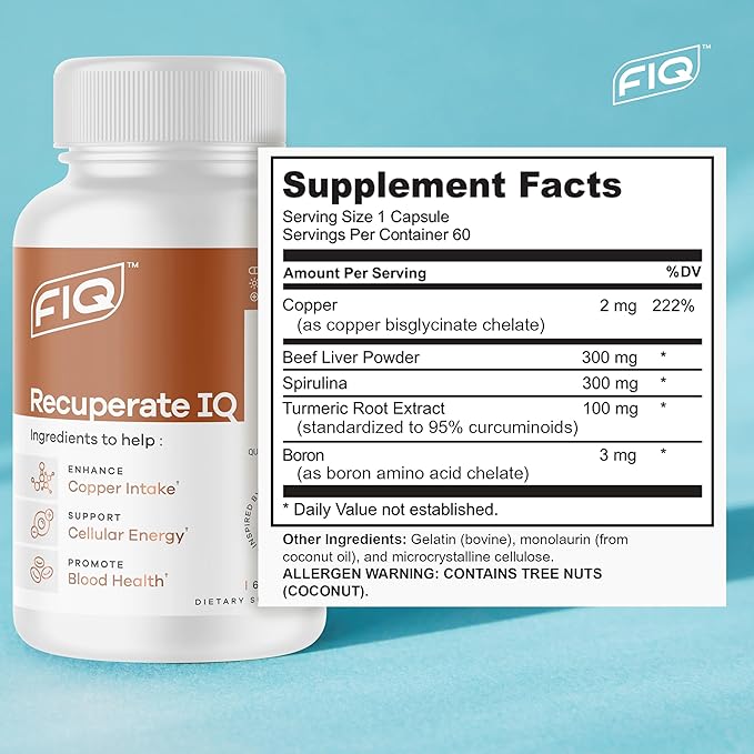 FIQ - Recuperate IQ - 5-in-1 Copper Supplements with Copper Bisglycinate - Easy-to-Swallow 2mg Capsules - High Absorption, Boosts Energy - 60 Capsules