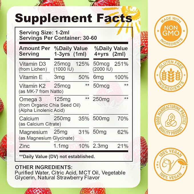 Vitamin D3 K2 Drops for Kids - Omega 3, Vitamin E, Calcium, Magnesium & Zinc for Better Absorption - Liquid MK7 1000 IU D3 for Healthy Bones, Teeth & Heart Support - Non-GMO, 2 Fl Oz