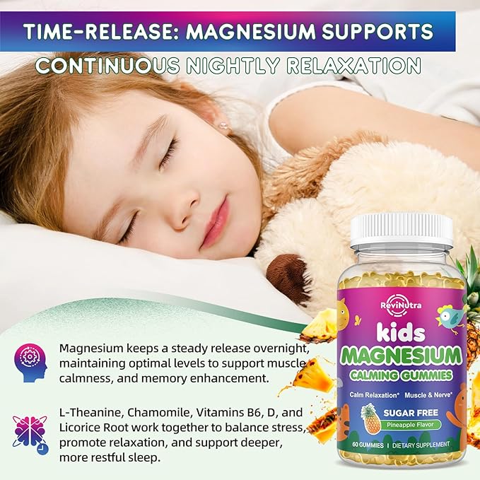 Kids Magnesium Gummies, Magnesium Glycinate, L-Threonate Gummies for Kids & Adults with L-Theanine, Chamomile, Licorice, Vitamin D, B6 for Sleep, Relaxation, Brain & Muscle, Sugar Free Pineapple 60ct