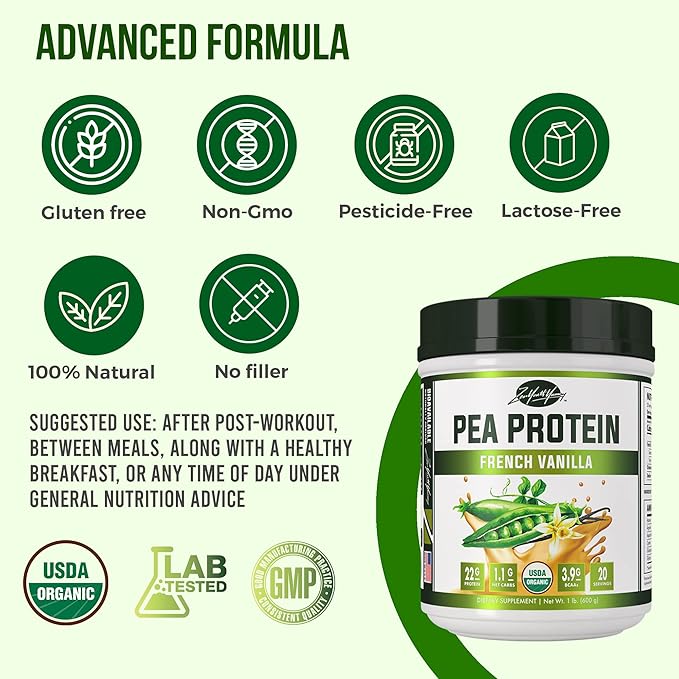 zyy Vanilla Pea Protein Powder – Organic Plant-Based Vegan Protein Shake, 20g Protein, Gluten-Free, Dairy-Free, No Sugar, Non-GMO, BCAAs – French Vanilla Flavor, Easy to Digest