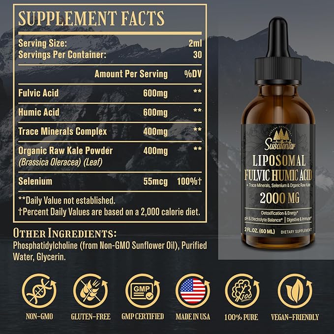 Trace Minerals Electrolytes Drops 2000 MG | Liquid Liposomal Fulvic Humic Acid Supplement | 72+ Trace Minerals | Hydration | Detoxification | Energy | pH Balance | Digestion | Immunity | 8 Oz