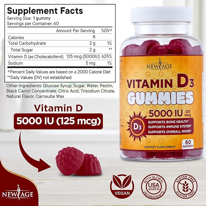 NEW AGE Vitamin D3 5000 IU 125mcg Gummies - Support Immune Support, Strong Bone Health - Non-GMO, Gluten-Free, Dairy-Free, No Gelatin (60 Gummies (Pack of 1))