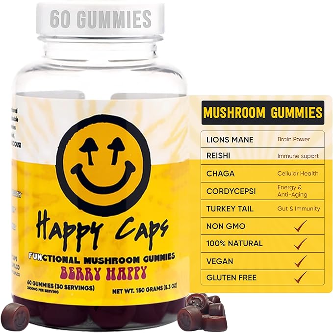 Lions Mane Mushroom Gummies for Relaxation & Wellness Organic Functional Mushroom Blend with Turkey Tail, Reishi, Chaga & Cordyceps - Immune Support - Vegan Supplement - 60 Berry Gummies