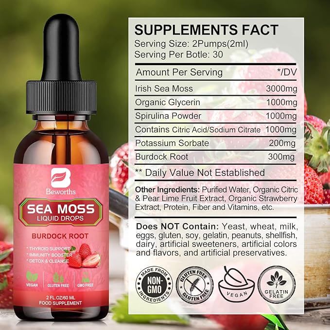 Sea Moss Liquid Drops - Organic Irish Sea Moss Gel with Spirulina, Bladderwrack, Burdock Root, Seamoss Gel Supplement for Immune, Joint, Detox Cleanse & Digestion Support - 2 Fl Oz, Vegan