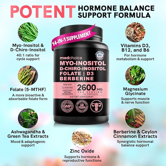 14-in-1 Inositol Supplement & Hormone Support for Women - 40:1 Myo-inositol & D-Chiro Inositol Ovarian Support Capsules for Hormone Balance with Folate, Vitamin D and B12 (120 count) (Pack of 1)