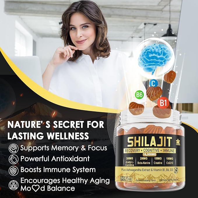 Men's & Women's Organic Shilajit Gummies Sugar Free, Extra Strength 11-in-1 with Ashwagandha, CoQ10, L-Tyrosine, VB6, Pure & Natural from Himalayan, for Immune, Energy - 60 Count (Pack of 1)