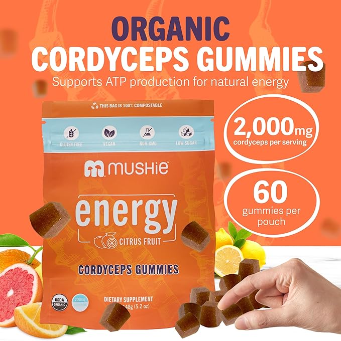 Mushie 100% Organic Cordyceps Mushroom Gummies - 2000mg Cordyceps Militaris Nootropic for Energy & Immune Support with Vitamin D - Vegan, Gluten-Free - 60 Count
