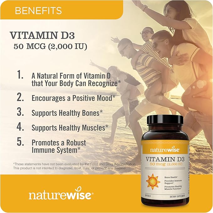 NatureWise Vitamin D3 2000iu (50 mcg) 200-Day Supply for Immune Support, Healthy Muscle Function, and Bone Health - Non-GMO, Gluten Free in Organic Extra Virgin Olive Oil, (Mini Softgel), 200 Count