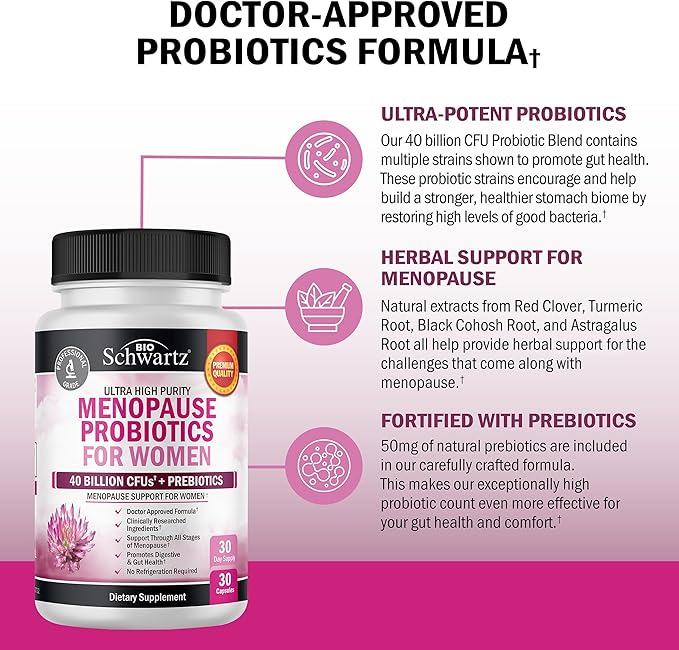 Menopause Supplements for Women - 40 Billion CFU Menopause Probiotics for Women - Support for Hot Flashes Night Sweats Mood Swings and Balance - Non-GMO, 30 Easy-Swallow Capsules, 30 Servings