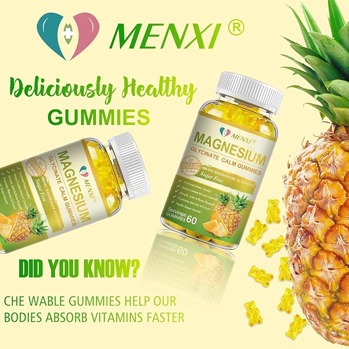 Magnesium Glycinate Gummies 400mg, Sugar Free Magnesium Taurate,Magnesium Malate Supplement with Vitamin D, B6, CoQ10 for Relaxation, Stress Relief, Muscle, Bone & Sleep Support-120 Pineapple Gummies