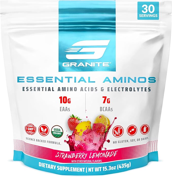 Granite Essential Amino Acids Powder for Muscle Recovery and Growth with 10g EAAs and 7g BCAAs - Soy-Free, Gluten-Free, 448g (30 Servings), Strawberry Lemonade