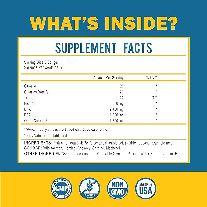 Omega 3 Fish Oil 6000 Mg with Maximum EPA DHA - Supports Brain, Liver, Heart & Immunity - Made in The USA - 150 Softgels