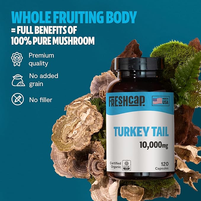 FreshCap Turkey Tail Mushroom Supplement 10,000mg – Organic Mushrooms, Turkey Tail Extract for Immune Support Supplement, Mushroom Supplement Capsules, Ayurveda Immunity Supplement (120 Capsules)