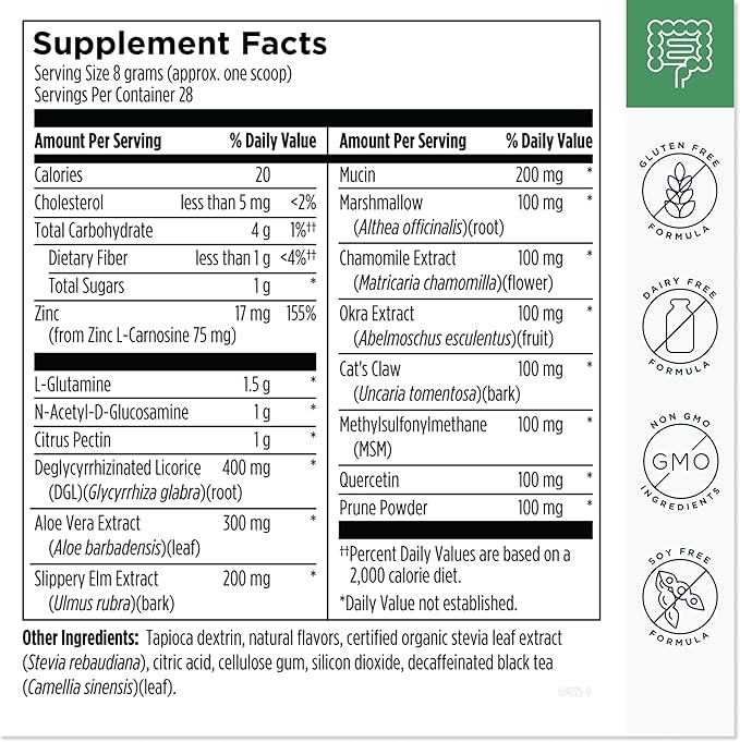 Designs for Health GI Revive Gut Health Powder - L Glutamine & Citrus Pectin for Digestive Health + Slippery Elm, Marshmallow Root & Cat's Claw for Healthy Intestinal Function (28 Servings)