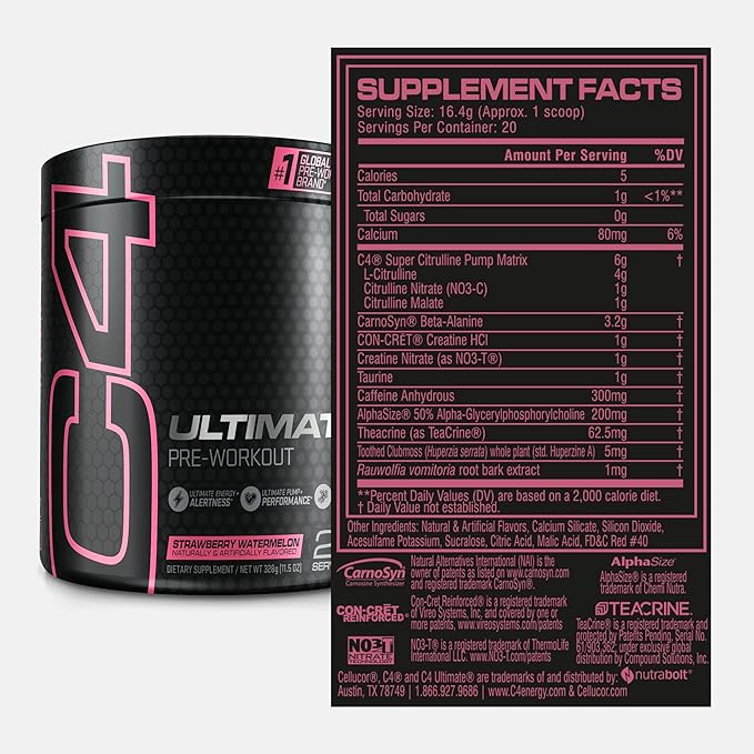Cellucor C4 Ultimate Pre Workout Powder Watermelon - Sugar Free Preworkout Energy Supplement for Men & Women - 300mg Caffeine + 3.2g Beta Alanine + 2 Patented Creatines - 20 Servings