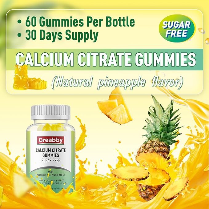 Calcium Citrate Gummies 1200 mg for Kids & Adults, Sugar Free, with Vitamin D3, K2, Magnesium, Zinc, Bone Support for Women & Elders, Natural Pineapple Flavor, 60 Gummies