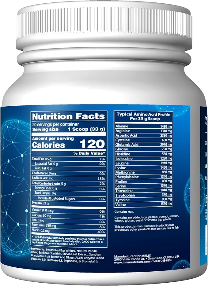 MRM Nutrition Egg White Protein | Vanilla Flavored | 23g Fat-Free Protein | with Digestive enzymes | Highest Biological Value | Clinically Tested | 20 Servings