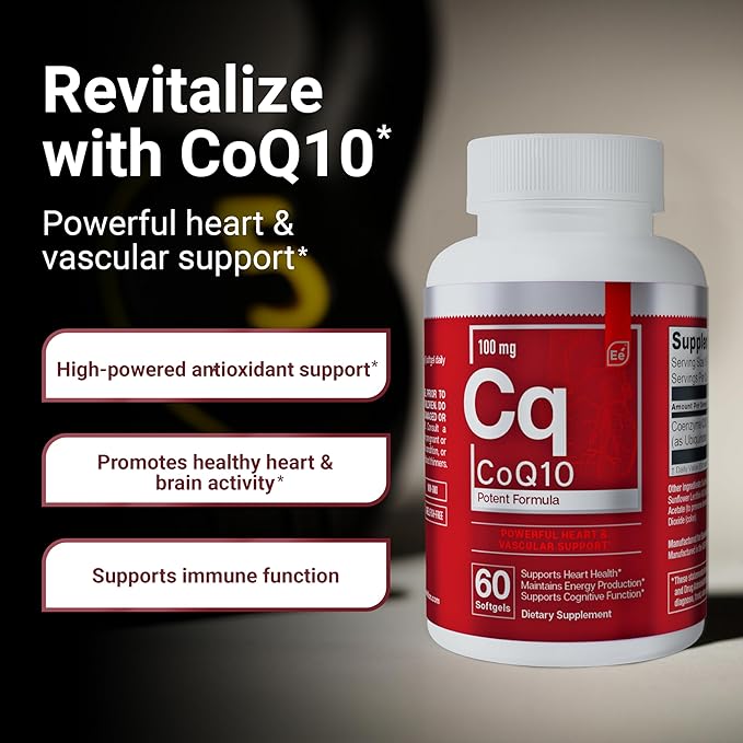 Essential Elements CoQ10 100mg Softgels for Heart, Brain, and Vascular Support - Comprehensive Coenzyme Q10 Supplement Formulated for Optimal Absorption - 60 Count, 2 Month Supply