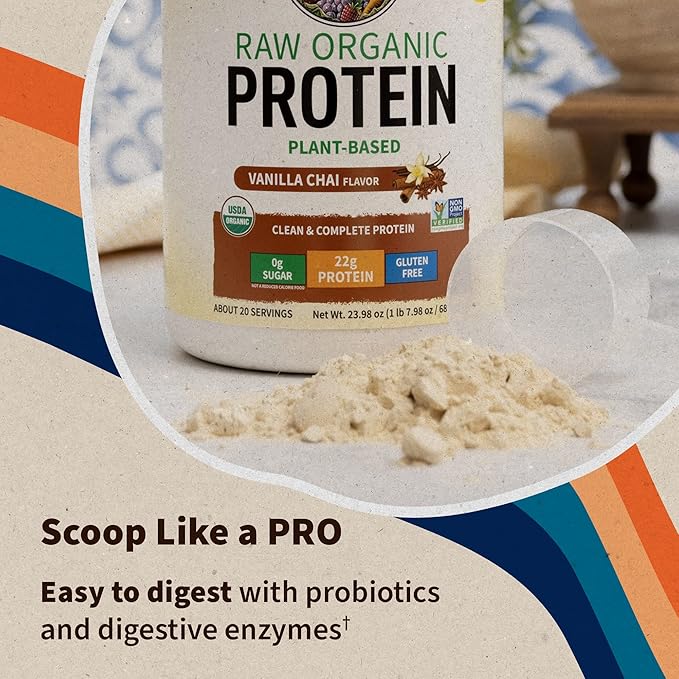 Organic Vegan Vanilla Chai Protein Powder, Garden of Life 22g Plant Based Protein & BCAAs, Organic Protein Powder with Probiotics & Enzymes, Non-GMO, Gluten-Free Lactose Free 1.2 LB