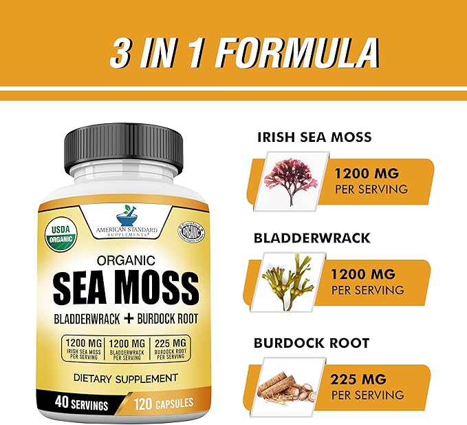 American Standard Supplements Organic Sea Moss, Bladderwrack & Burdock Root Capsules - 1200mg Sea Moss, 1200mg Bladderwrack, 225mg Burdock Root Per Serving - 120 Capsules, 40 Servings