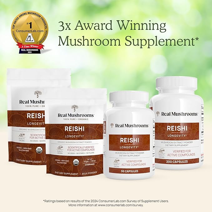 Real Mushrooms Reishi Powder - Organic Mushroom Extract Supplement with Potent Red for Longevity, Mood, Sleep, Immune Support Vegan Supplement, Non-GMO, 45 Servings