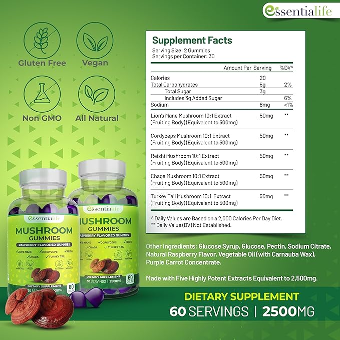 Mushroom Gummies Lions Mane Supplement Mushroom Supplement with Lions Mane, Turkey Tail, Cordyceps, Reishi, Chaga Extract | Brain Health and Immune Support Gummies, 120 Count