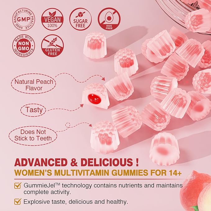 Sugar-Free Womens Multivitamin Gummies, Methylated Multivitamin for Women/w Omega-3, Calcium, Enzymes & Probiotic, Vitamin A, C, D3, Folate, Biotin, Inositol - Skin, Hair Growth, Immune, Bone - Vegan