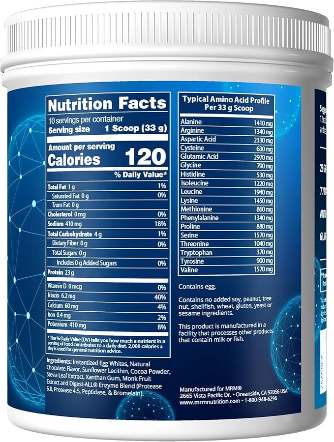 MRM Nutrition Egg White Protein | Chocolate Flavored | 23g Fat-Free Protein | with Digestive enzymes | Highest Biological Value | Clinically Tested | 10 Servings