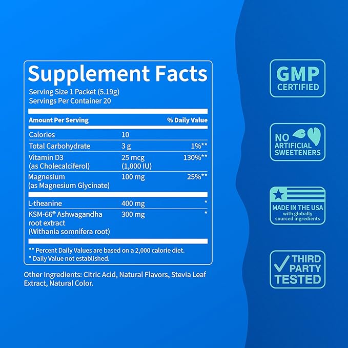 Supercalm Drink Mix -Ashwagandha KSM 66, Magnesium Glycinate & L-Theanine Supplement, Vitamin D3- Ashwagandha Root Extract- Focus and Relaxation Support (20 Travel Packets)- Blackberry Basil Lemonade