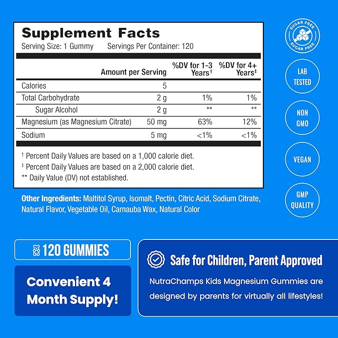 NutraChamps 120 Kids Magnesium Gummies - Sugar Free Calm Magnesium Gummies for Kids - 4 Month Supply - Supports Bone Health, Sleep - Magnesium Citrate for Kids Supplement