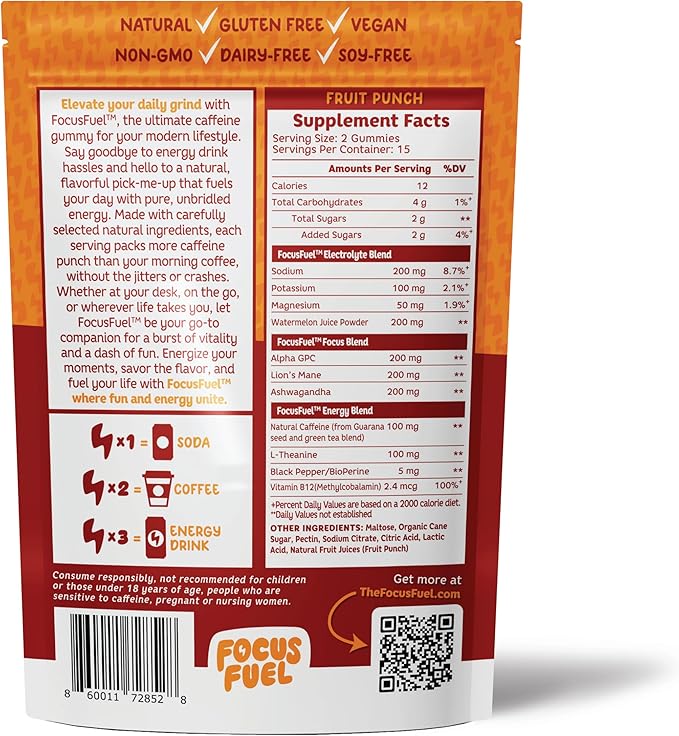 Energy Chews – Fruit Punch Flavor (15 Servings) – 100mg Caffeine + L-Theanine + B12, Magnesium – Boost Focus & Energy – No Crash or Jitters