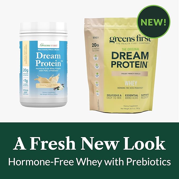 Greens First Dream Protein Powder Whey - 20g Protein Per Serving - Hormone-Free with Prebiotics - Non-GMO - No Artificial Sweeteners/MSG/Aspartame (Creamy French Vanilla, 26.5 oz)
