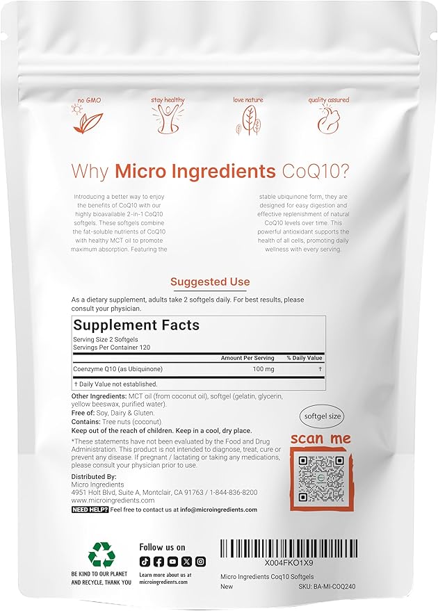 Micro Ingredients CoQ10 100mg Per Serving | 240 Softgels Made with Coconut MCT Oil | High Absorption Coenzyme Q10 as Ubiquinone | Antioxidant Support for Heart & Energy Health | Non-GMO