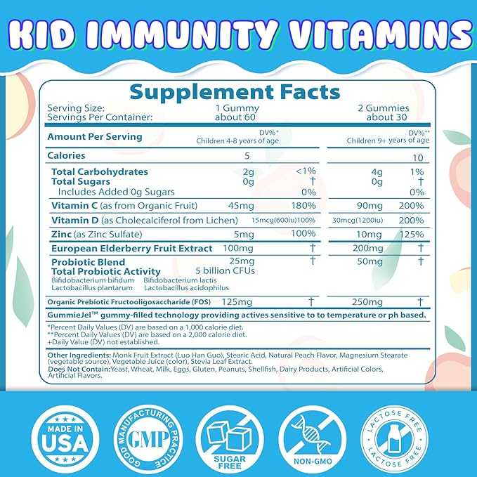 Kids Immune Support Gummies, Probiotics Vitamin C Zinc & Elderberry Gummies for Kids 4+, 6-in-1 Daily Kid Vitamin C Gummies Chewable with Immune & Digestive Support, Sugar Free, Peach Flavor, 60 Count