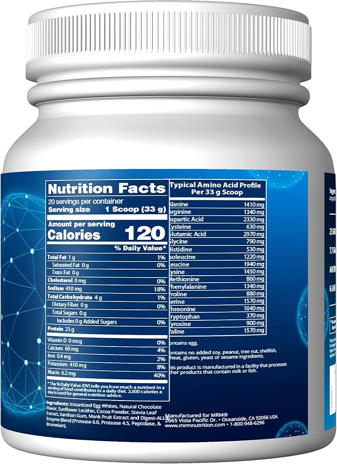 MRM Nutrition Egg White Protein | Chocolate Flavored | 23g Fat-Free Protein | with Digestive enzymes | Highest Biological Value | Clinically Tested | 20 Servings