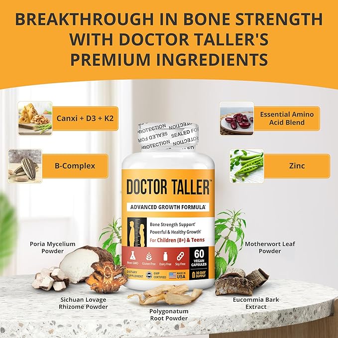 NuBest Doctor Taller - Bone Strength Supports, Enhance Immune System - Keto with Calcium, Vitamin D3, Vitamin K2, Amino Acids & Herbs for Children (8+) - 60 Vegan Capsules | 1 Month Supply