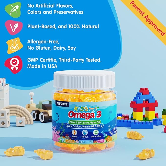 Kids Omega 3 Gummies with Calcium, Vitamin D3 & K2, C, Omega-3 DHA Gummies for Focus and Memory, Bone Health & Immune Support, Kids Omega3 Supplement - No Fish Taste, Non-GMO, Chewable, 60 Counts