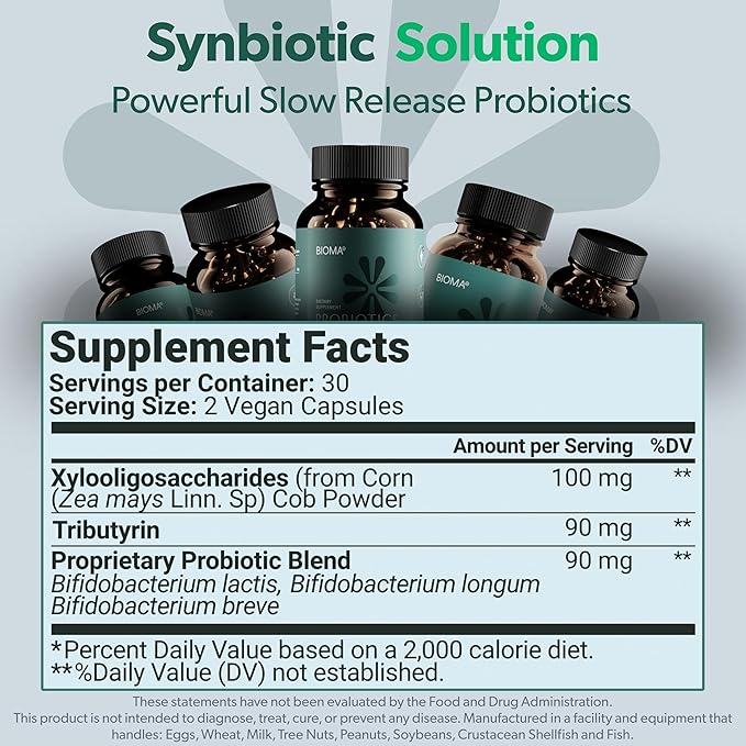 BIOMA Probiotics for Digestive Health, 3 in 1 Gut Health Probiotics and Prebiotics/Postbiotics, Slow Release Synbiotic Probiotic Capsules for Complete Gut Harmony Probiotic Multi Enzyme (180 Caps)