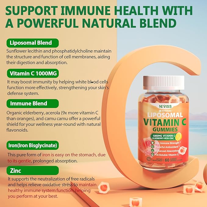 Liposomal Vitamin C 1000mg Gummies for Adults - Vitamin C Chewable 1500mg with 8mg Iron, Zinc & Elderberry - Immune Support, Immune Booster Supplement - for Energy, Collagen Booster, 1Pack Sugar Free