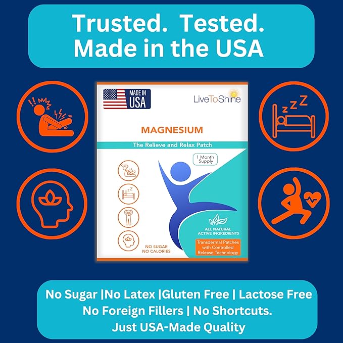 Magnesium Patches for Men and Women - Sleep Support & Relaxation, Muscle Recovery, Nerve Function - USA Made - 30 Premium Fast-Acting, Slow-Release Patches - Live To Shine