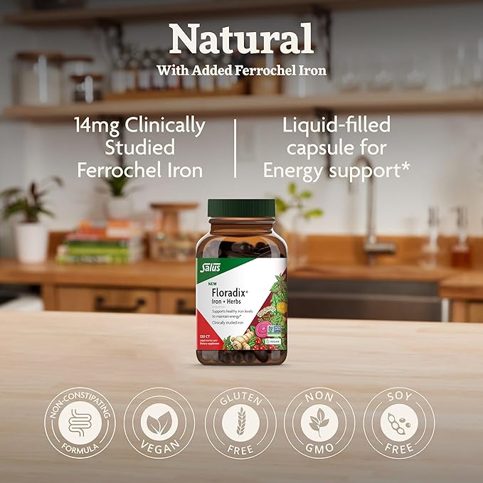 Floradix Iron + Herbs - Iron Supplement for Healthy Energy Support - Vegan, Non-GMO, Gluten-Free, Soy-Free - 120 Liquid Phyto-Caps
