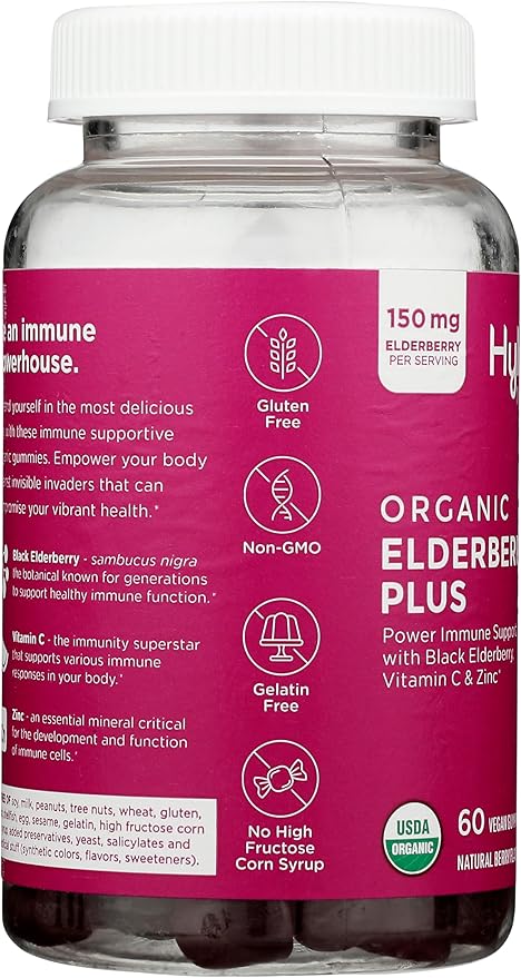 Hyland's Organic Elderberry Plus Gummies, Organic Black Elderberry with ZINC and Vitamin C, Immune Support Supplement for Adults, 60 Vegan Gummies (30 Days)