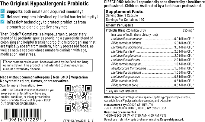 Klaire Labs Ther-Biotic Complete - 25 Billion CFU Probiotic Supplement - Gut Health, Digestive + Immune Support - Hypoallergenic Probiotics for Men + Women - Clean + Dairy-Free (120 Capsules)