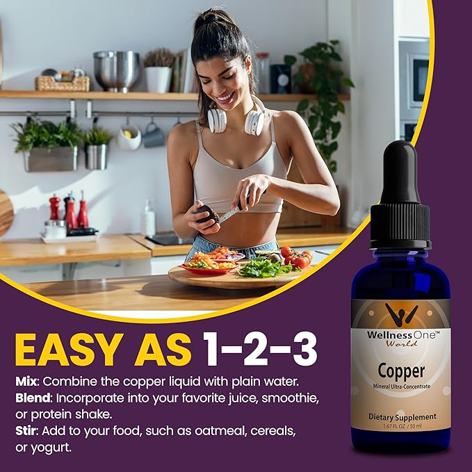 WellnessOne Liquid Copper Supplements - Immune Support & Also Great for Nerve & Bone Health - Copper Supplement Drops Maximizes Iron Absorption for Kids, Men & Women - 1.67 fl oz