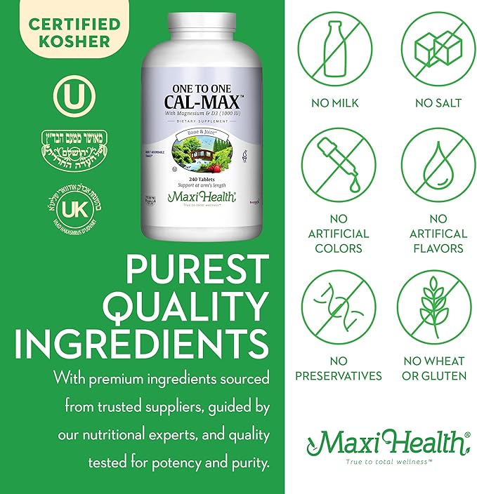 Maxi Health 500 mg Calcium Supplement with Vitamin D3 (1000 IU) and Magnesium (500 mg) - Bone, Teeth and Joint Support for Men and Women - 240 Tablets