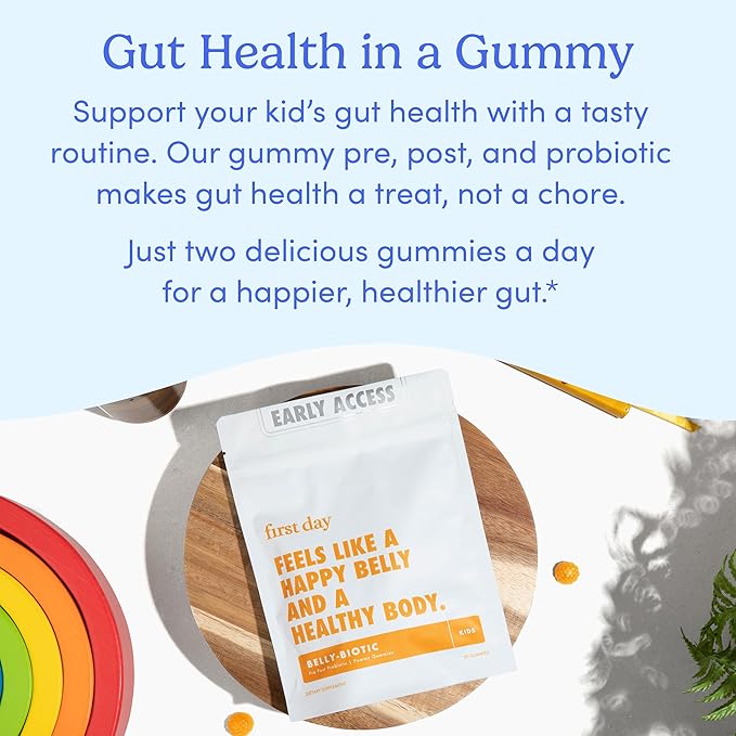 FIRST DAY Kids Probiotic Gummies - 3 in 1 Probiotics for Kids + Prebiotic & Postbiotic - Prebiotics & Probiotics for Digestive Health & Immune Support – Vegan, Gluten Free, 30-Day Supply