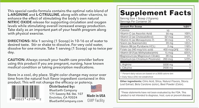 L-Arginine 5000mg + L-Citrulline 2000mg Complex Powder Supplement - Nitric Oxide Booster - Heart Health, Blood Flow, Energy & Endurance - 30 Servings (Peach Lemonade)