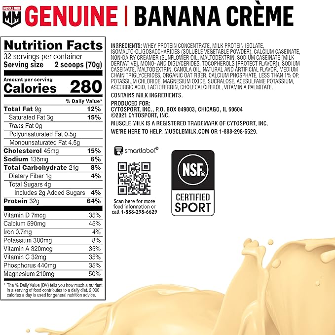Muscle Milk Genuine Protein Powder, Banana Crème, 32g Protein, 4.94 Pound, 32 Servings