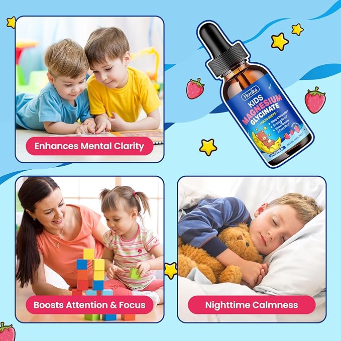 Magnesium Glycinate Liquid for Kids - with L-Theanine Omega-3, Vitamin B6, D3, Zinc - Kids Magnesium Drops for Sleep, Relaxation, Calm & Focus - 2 Fl Oz, Strawberry Flavor