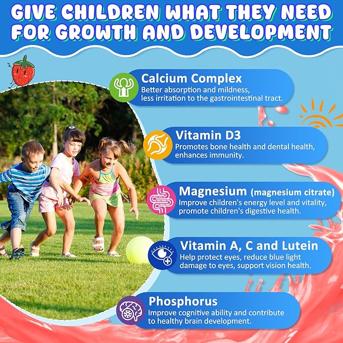 Kids Calcium Gummies + D3 & Magnesium for 4+, with Calcium Citrate Calcium Gluconate, Calcium Lactate, Probiotics & Prebiotics for Children Bone Health,Muscle Support,Digestive Health,Sugar Free 60Cts